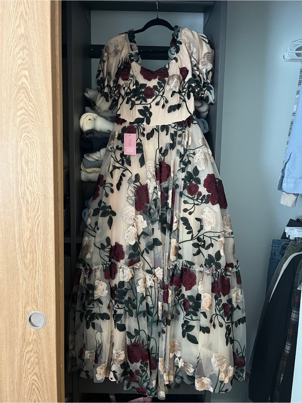 Women’s Ivory Floral Embroidered Party Dress with Burgundy & Green Accents